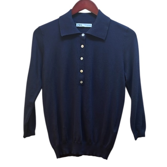 Zara Pull-over collared Sweater 5-Button 3/4 Sleeve fine gauge knit Sz. Med. - Picture 1 of 15